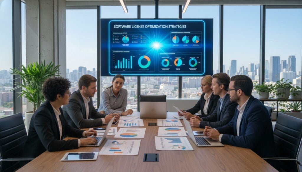 A sleek modern office environment showcasing best practices for software license management. In the foreground, a diverse group of professionals in business attire engaging in a collaborative discussion around a table with laptops, graphs, and colorful charts illustrating SaaS licenses. The middle section features a large digital screen displaying infographics on license optimization and compliance strategies, while charts highlight cost savings and utilization metrics. In the background, large windows let in natural light, revealing a city skyline. The atmosphere is dynamic and focused, conveying innovation and teamwork. The image is vibrant and well-lit, capturing a sense of professionalism and modernity. A sleek modern office environment showcasing best practices for software license management. In the foreground, a diverse group of professionals in business attire engaging in a collaborative discussion around a table with laptops, graphs, and colorful charts illustrating SaaS licenses. The middle section features a large digital screen displaying infographics on license optimization and compliance strategies, while charts highlight cost savings and utilization metrics. In the background, large windows let in natural light, revealing a city skyline. The atmosphere is dynamic and focused, conveying innovation and teamwork. The image is vibrant and well-lit, capturing a sense of professionalism and modernity.