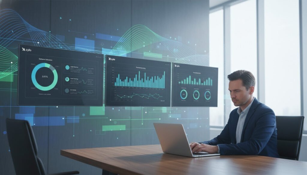 A sleek, modern office environment showcasing the Zylo SaaS Management platform on multiple screens. In the foreground, a professional person in business attire examines data visualizations on a laptop, looking engaged and focused. In the middle, several digital displays illustrate dynamic graphs, charts, and dashboard analytics representing software optimization metrics. The background features abstract representations of cloud technology and data flow, with a soft blue and green color scheme creating a calm, professional atmosphere. The lighting is bright and crisp, emulating natural daylight from large windows, while the angle is slightly elevated to capture both the person and the digital elements harmoniously. The overall mood is one of innovation, productivity, and technological advancement. A sleek, modern office environment showcasing the Zylo SaaS Management platform on multiple screens. In the foreground, a professional person in business attire examines data visualizations on a laptop, looking engaged and focused. In the middle, several digital displays illustrate dynamic graphs, charts, and dashboard analytics representing software optimization metrics. The background features abstract representations of cloud technology and data flow, with a soft blue and green color scheme creating a calm, professional atmosphere. The lighting is bright and crisp, emulating natural daylight from large windows, while the angle is slightly elevated to capture both the person and the digital elements harmoniously. The overall mood is one of innovation, productivity, and technological advancement.