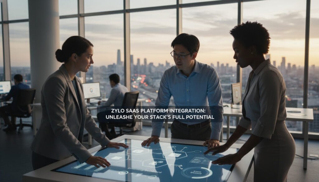 A sleek, modern office environment showcasing the Zylo SaaS Platform Integration in action. In the foreground, a diverse group of three professionals in smart business attire are engaged in a collaborative discussion around a large touchscreen display, illustrating data analytics and seamless platform connections. The middle layer features a visually appealing user interface on the screen, highlighting integration features such as connected apps and workflow automations. In the background, large windows reveal a bustling cityscape, with plenty of natural light pouring in. The atmosphere is vibrant and focused, reflecting innovation and teamwork. The image should convey a sense of efficiency and modernity, captured with a wide-angle lens for depth and a soft-focus effect to emphasize the foreground details, creating a dynamic yet professional vibe. A sleek, modern office environment showcasing the Zylo SaaS Platform Integration in action. In the foreground, a diverse group of three professionals in smart business attire are engaged in a collaborative discussion around a large touchscreen display, illustrating data analytics and seamless platform connections. The middle layer features a visually appealing user interface on the screen, highlighting integration features such as connected apps and workflow automations. In the background, large windows reveal a bustling cityscape, with plenty of natural light pouring in. The atmosphere is vibrant and focused, reflecting innovation and teamwork. The image should convey a sense of efficiency and modernity, captured with a wide-angle lens for depth and a soft-focus effect to emphasize the foreground details, creating a dynamic yet professional vibe.
