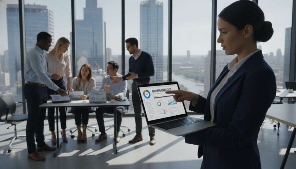 A sleek, modern office environment with a diverse group of professionals collaborating over digital devices. In the foreground, a woman in business attire presents a SaaS application dashboard on a laptop, her expression focused and engaged. In the middle, colleagues of varying backgrounds share ideas, showcasing graphs and analytics on tablet screens. The background features large windows with a panoramic city view, under bright natural light that gives a sense of optimism and innovation. Soft shadows create a dynamic atmosphere, emphasizing the blend of technology and teamwork. The overall mood is one of inspiration and collaboration, illustrating the importance of SaaS applications in today’s tech-centric business landscape. A sleek, modern office environment with a diverse group of professionals collaborating over digital devices. In the foreground, a woman in business attire presents a SaaS application dashboard on a laptop, her expression focused and engaged. In the middle, colleagues of varying backgrounds share ideas, showcasing graphs and analytics on tablet screens. The background features large windows with a panoramic city view, under bright natural light that gives a sense of optimism and innovation. Soft shadows create a dynamic atmosphere, emphasizing the blend of technology and teamwork. The overall mood is one of inspiration and collaboration, illustrating the importance of SaaS applications in today’s tech-centric business landscape.