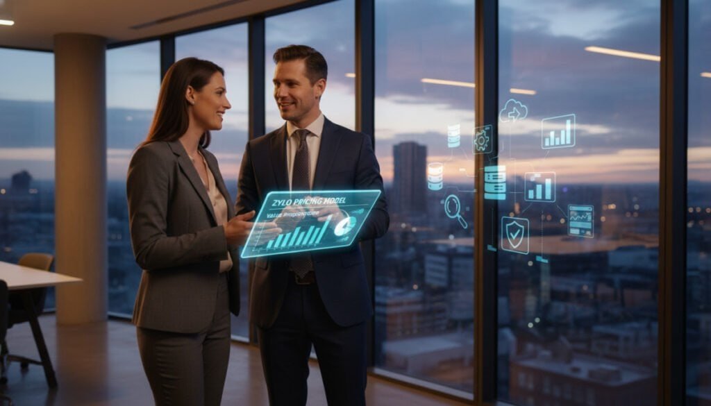 A sleek, modern office setting as the background, featuring a large, glass window showing a city skyline at dusk. In the foreground, a professional businesswoman and businessman, both in smart business attire, are engaged in a lively discussion around a high-tech digital tablet displaying Zylo’s pricing model and value proposition graphs. The middle layer includes floating icons representing software tools and SaaS products, symbolizing optimization and management. Use warm yet focused lighting to highlight their expressions and the tablet’s screen. Capture the mood of innovation and collaboration, emphasizing the importance of strategic decision-making in software management. The angle should convey depth, showcasing the office's modernity while maintaining the focus on the discussion and visuals. A sleek, modern office setting as the background, featuring a large, glass window showing a city skyline at dusk. In the foreground, a professional businesswoman and businessman, both in smart business attire, are engaged in a lively discussion around a high-tech digital tablet displaying Zylo’s pricing model and value proposition graphs. The middle layer includes floating icons representing software tools and SaaS products, symbolizing optimization and management. Use warm yet focused lighting to highlight their expressions and the tablet’s screen. Capture the mood of innovation and collaboration, emphasizing the importance of strategic decision-making in software management. The angle should convey depth, showcasing the office's modernity while maintaining the focus on the discussion and visuals.