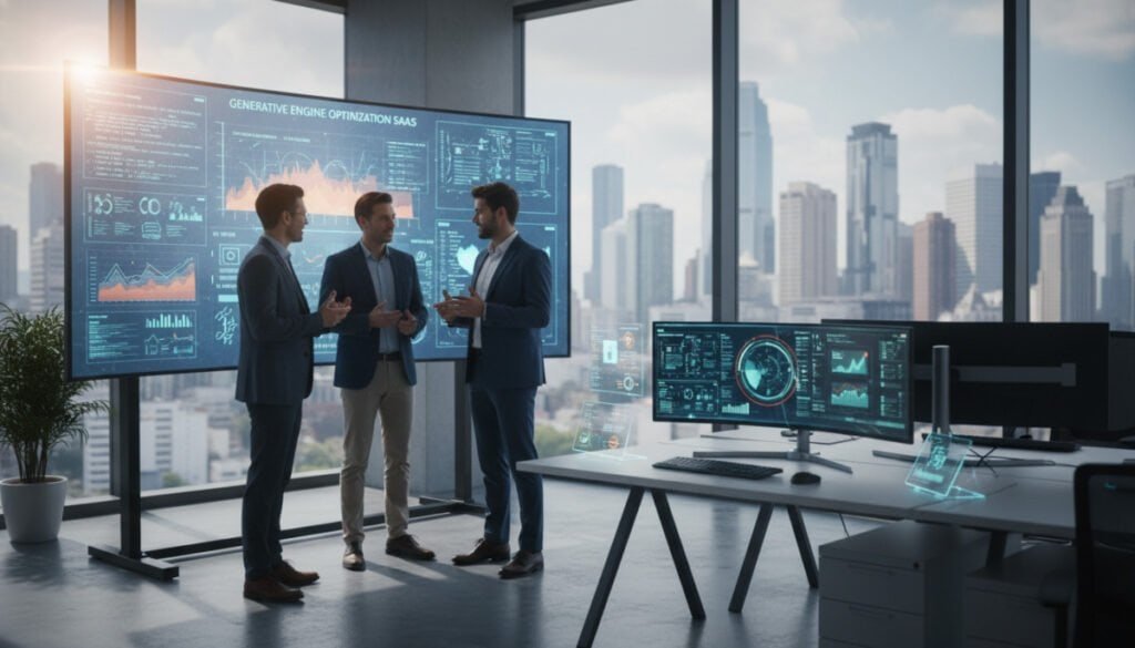 A sleek, modern office setting focused on technology and innovation. In the foreground, a diverse team of three professionals, two men and one woman, discuss data displayed on a large digital screen showing complex algorithms and graphics related to Generative Engine Optimization SaaS. They are dressed in smart-casual attire, exuding a collaborative spirit. In the middle ground, an impressively designed workstation with high-tech devices and a futuristic interface showcasing analytics. The background captures a panoramic view of a vibrant city skyline through large windows, symbolizing growth and opportunity. Soft, natural lighting filters in, creating a warm and inspiring atmosphere, with a slight lens flare for a dynamic effect. The angle is slightly elevated, giving a broader perspective of the scene. A sleek, modern office setting focused on technology and innovation. In the foreground, a diverse team of three professionals, two men and one woman, discuss data displayed on a large digital screen showing complex algorithms and graphics related to Generative Engine Optimization SaaS. They are dressed in smart-casual attire, exuding a collaborative spirit. In the middle ground, an impressively designed workstation with high-tech devices and a futuristic interface showcasing analytics. The background captures a panoramic view of a vibrant city skyline through large windows, symbolizing growth and opportunity. Soft, natural lighting filters in, creating a warm and inspiring atmosphere, with a slight lens flare for a dynamic effect. The angle is slightly elevated, giving a broader perspective of the scene.