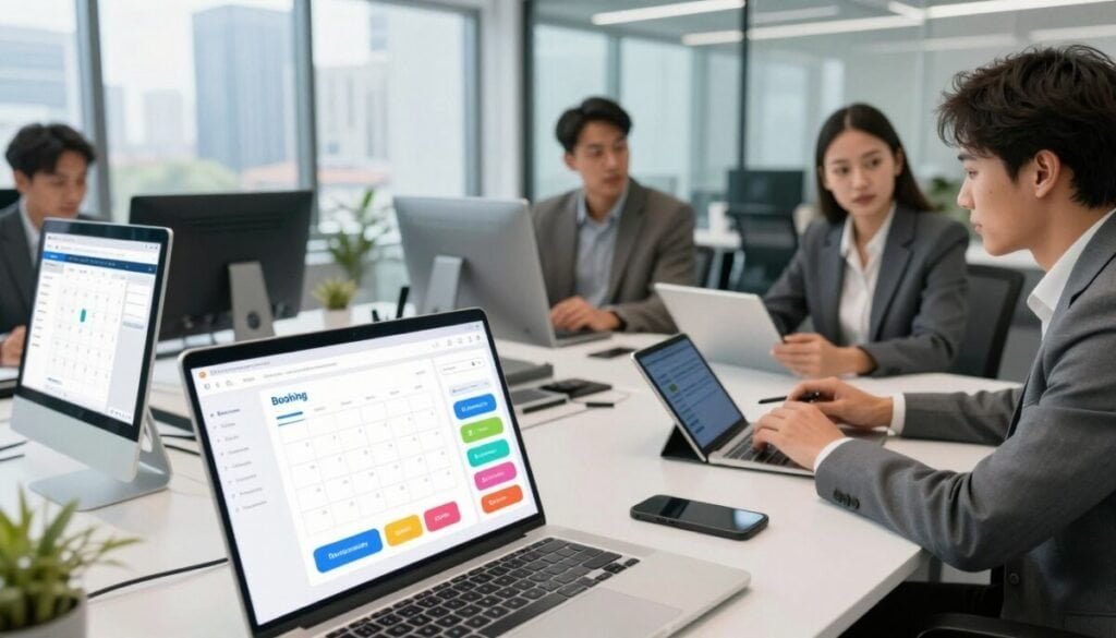 A sleek, modern office setting showcasing a variety of professional scheduling platforms on multiple computer screens. In the foreground, a close-up of a laptop displaying an intuitive booking interface with colorful, engaging buttons and a calendar layout. In the middle ground, a diverse group of professionals in business attire collaborates around a large table, discussing scheduling strategies with visible tablets and smartphones. The background features glass walls with a cityscape view, reflecting a bright and optimistic environment. Soft, natural light floods the space, creating a productive atmosphere. The angle captures the focal point of the workspace, emphasizing innovation and efficiency, with a clean and organized aesthetic. A sleek, modern office setting showcasing a variety of professional scheduling platforms on multiple computer screens. In the foreground, a close-up of a laptop displaying an intuitive booking interface with colorful, engaging buttons and a calendar layout. In the middle ground, a diverse group of professionals in business attire collaborates around a large table, discussing scheduling strategies with visible tablets and smartphones. The background features glass walls with a cityscape view, reflecting a bright and optimistic environment. Soft, natural light floods the space, creating a productive atmosphere. The angle captures the focal point of the workspace, emphasizing innovation and efficiency, with a clean and organized aesthetic.