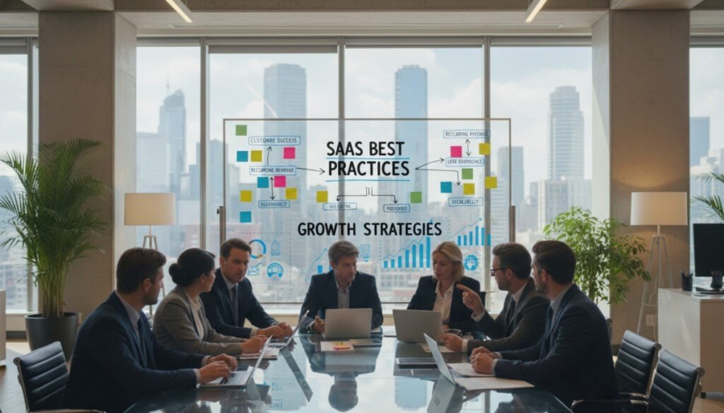 A sleek, modern office space as the foreground, featuring a team of diverse professionals in business attire collaborating around a large table with laptops and digital devices displaying graphs and charts. In the middle, a large whiteboard filled with color-coded sticky notes and diagrams illustrating SaaS best practices, with vibrant infographics highlighting growth strategies. The background showcases a bright, well-lit room with large windows, offering a view of a city skyline, symbolizing progress and innovation. The atmosphere is energized yet focused, with warm ambient lighting and hints of green plants for a touch of life. The composition should have a slight depth of field effect, emphasizing the team discussions in sharp clarity while gently blurring the distant background. A sleek, modern office space as the foreground, featuring a team of diverse professionals in business attire collaborating around a large table with laptops and digital devices displaying graphs and charts. In the middle, a large whiteboard filled with color-coded sticky notes and diagrams illustrating SaaS best practices, with vibrant infographics highlighting growth strategies. The background showcases a bright, well-lit room with large windows, offering a view of a city skyline, symbolizing progress and innovation. The atmosphere is energized yet focused, with warm ambient lighting and hints of green plants for a touch of life. The composition should have a slight depth of field effect, emphasizing the team discussions in sharp clarity while gently blurring the distant background.