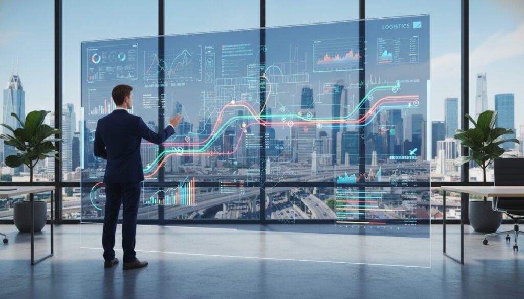 A sleek, modern office space as the foreground, with a professional business person in formal attire interacting with a large digital screen displaying vibrant, real-time data analytics. The middle layer features an abstract representation of city routes and traffic patterns, seamlessly integrated into the screen's graphics with colorful lines and icons indicating optimal paths. In the background, a panoramic view of a bustling city skyline under a clear blue sky, emphasizing innovation and urban mobility. Soft, natural lighting illuminates the scene, creating a clean and energetic atmosphere. The composition should suggest progress, technology, and efficiency, evoking a sense of forward-thinking in route optimization. A sleek, modern office space as the foreground, with a professional business person in formal attire interacting with a large digital screen displaying vibrant, real-time data analytics. The middle layer features an abstract representation of city routes and traffic patterns, seamlessly integrated into the screen's graphics with colorful lines and icons indicating optimal paths. In the background, a panoramic view of a bustling city skyline under a clear blue sky, emphasizing innovation and urban mobility. Soft, natural lighting illuminates the scene, creating a clean and energetic atmosphere. The composition should suggest progress, technology, and efficiency, evoking a sense of forward-thinking in route optimization.