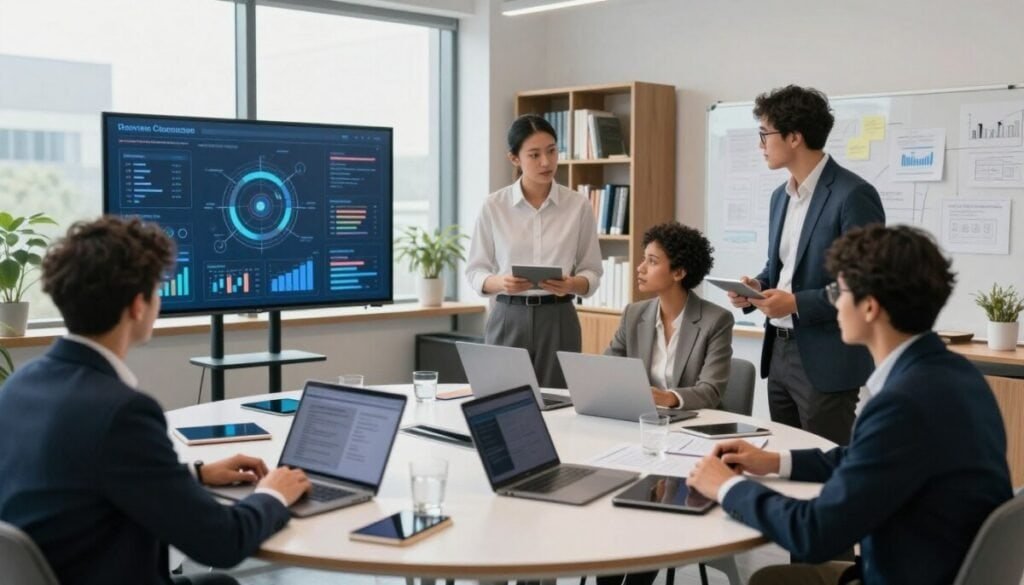 A sleek, modern office space serves as the backdrop, featuring large windows with natural light streaming in. In the foreground, a diverse group of professionals dressed in smart business attire collaborates around a high-tech digital screen displaying data visualizations and graphs related to knowledge management. The middle ground showcases a circular table filled with laptops, tablets, and notes, emphasizing dynamic teamwork. In the background, bookshelves filled with resources and a whiteboard cluttered with ideas create an atmosphere of creativity and innovation. Soft, diffused lighting enhances a productive yet relaxed environment, while the camera angle captures the energy of collaboration, inviting viewers to imagine the possibilities Eesel AI offers for activating existing data. A sleek, modern office space serves as the backdrop, featuring large windows with natural light streaming in. In the foreground, a diverse group of professionals dressed in smart business attire collaborates around a high-tech digital screen displaying data visualizations and graphs related to knowledge management. The middle ground showcases a circular table filled with laptops, tablets, and notes, emphasizing dynamic teamwork. In the background, bookshelves filled with resources and a whiteboard cluttered with ideas create an atmosphere of creativity and innovation. Soft, diffused lighting enhances a productive yet relaxed environment, while the camera angle captures the energy of collaboration, inviting viewers to imagine the possibilities Eesel AI offers for activating existing data.