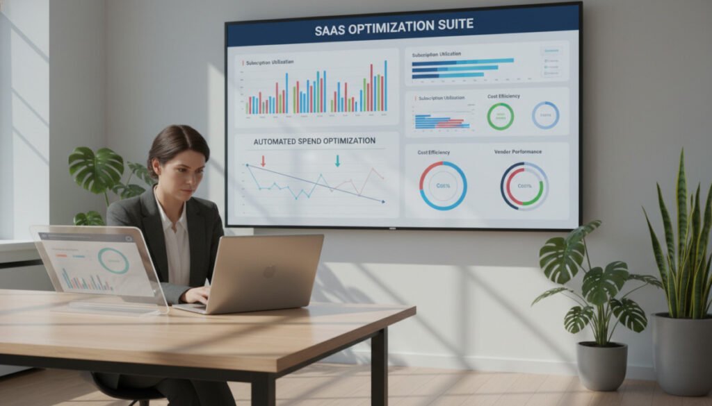 A sleek, modern workspace featuring a digital interface displaying SaaS optimization tools. In the foreground, show a professional woman in business attire analyzing data on a laptop, with focused expression. In the middle, include a large high-resolution screen showcasing various SaaS metrics and graphs, emphasizing automated spend optimization features. The background features a minimalist office design with plants and soft lighting, conveying a calm and efficient atmosphere. Use bright, natural lighting to enhance the modern and innovative feel, with a slightly angled view to add depth to the composition. The overall mood should be one of productivity and empowerment in a tech-driven environment. A sleek, modern workspace featuring a digital interface displaying SaaS optimization tools. In the foreground, show a professional woman in business attire analyzing data on a laptop, with focused expression. In the middle, include a large high-resolution screen showcasing various SaaS metrics and graphs, emphasizing automated spend optimization features. The background features a minimalist office design with plants and soft lighting, conveying a calm and efficient atmosphere. Use bright, natural lighting to enhance the modern and innovative feel, with a slightly angled view to add depth to the composition. The overall mood should be one of productivity and empowerment in a tech-driven environment.