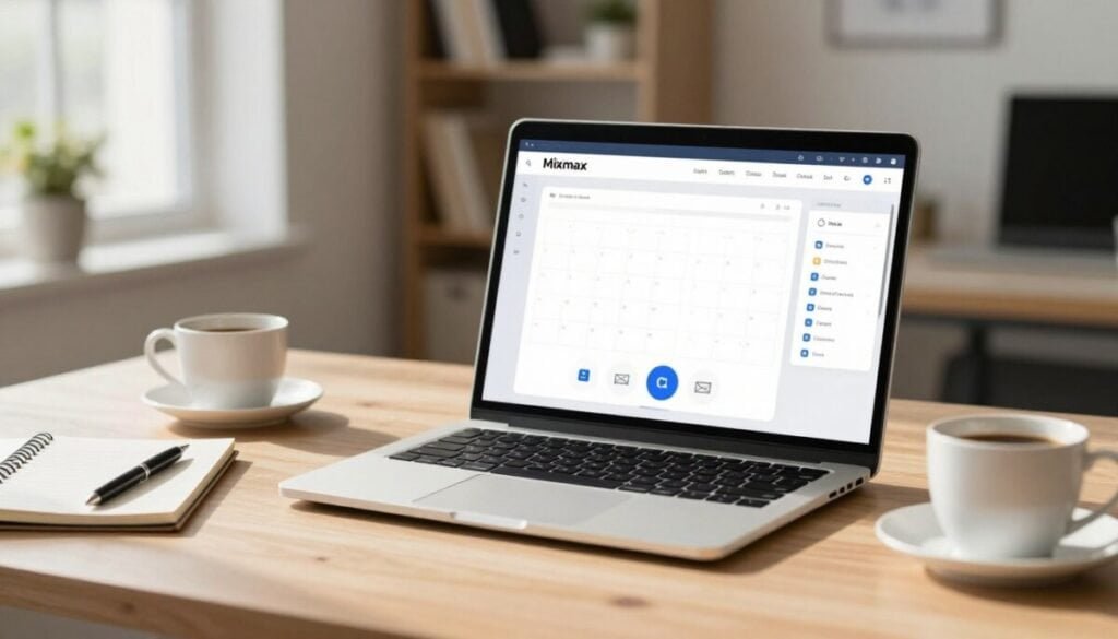 A sleek, modern workspace featuring the Mixmax scheduling tool interface displayed prominently on a laptop screen. In the foreground, a well-organized desk with a notepad, a pen, and a coffee cup, reflecting a professional environment. In the middle, the laptop screen shows the Mixmax application, complete with a calendar, meeting icons, and email integration elements. The background features soft-focus office details like bookshelves and a plant, creating a warm atmosphere. Natural lighting floods the room from a nearby window, casting gentle shadows that enhance the mood of productivity and focus. The image conveys a sense of efficiency and modern technology in a sales-focused setting, emphasizing the integration between scheduling and email management.