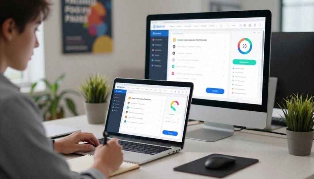 A sleek, modern workspace illustrating quiz funnel software in action. In the foreground, a laptop with an engaging quiz interface is displayed, showing multiple choice questions with interaction elements. A professional-looking individual in business attire is seated, focused on the screen, with a notepad and pen in hand, taking notes. The middle ground features a large monitor displaying colorful analytics and user engagement stats related to the quiz. The background is a softly lit office space with motivational posters and potted plants, conveying a productive atmosphere. Soft, diffused lighting enhances the overall mood, with a slight lens blur in the background to draw attention to the foreground elements. The angle is slightly tilted to add dynamic depth to the composition. A sleek, modern workspace illustrating quiz funnel software in action. In the foreground, a laptop with an engaging quiz interface is displayed, showing multiple choice questions with interaction elements. A professional-looking individual in business attire is seated, focused on the screen, with a notepad and pen in hand, taking notes. The middle ground features a large monitor displaying colorful analytics and user engagement stats related to the quiz. The background is a softly lit office space with motivational posters and potted plants, conveying a productive atmosphere. Soft, diffused lighting enhances the overall mood, with a slight lens blur in the background to draw attention to the foreground elements. The angle is slightly tilted to add dynamic depth to the composition.