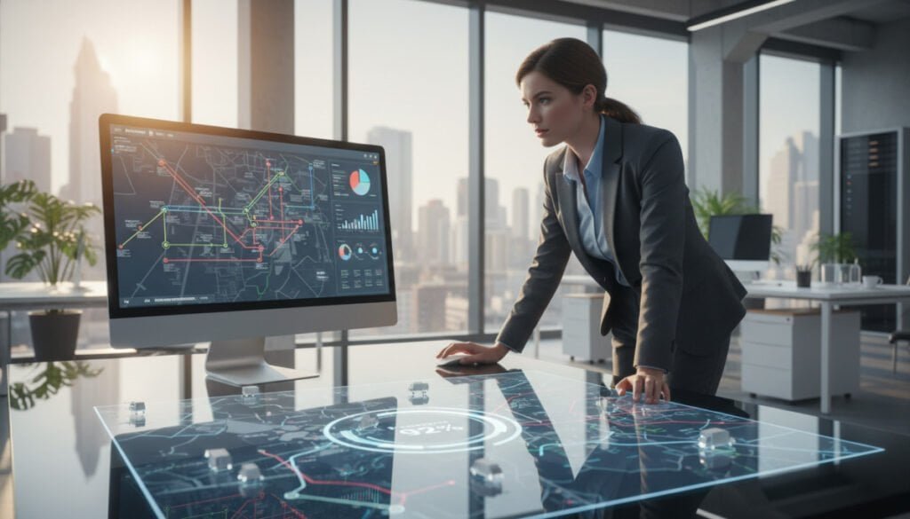 A sleek, modern workspace showcasing route optimization software for logistics. In the foreground, a computer screen displays colorful route maps and data analytics, with arrows indicating optimized paths. A professional businessperson, dressed in smart casual attire, studies the screen intently. In the middle ground, large digital maps and transport icons represent various vehicles (trucks, vans) on a table, symbolizing logistics. The background features a bright, airy office space with large windows filtering warm sunlight, casting soft shadows. The overall mood is focused and innovative, suggesting efficiency and clarity in logistics management. The angle captures a slightly elevated view, highlighting the interaction between the user and the technology for a dynamic, engaging perspective. A sleek, modern workspace showcasing route optimization software for logistics. In the foreground, a computer screen displays colorful route maps and data analytics, with arrows indicating optimized paths. A professional businessperson, dressed in smart casual attire, studies the screen intently. In the middle ground, large digital maps and transport icons represent various vehicles (trucks, vans) on a table, symbolizing logistics. The background features a bright, airy office space with large windows filtering warm sunlight, casting soft shadows. The overall mood is focused and innovative, suggesting efficiency and clarity in logistics management. The angle captures a slightly elevated view, highlighting the interaction between the user and the technology for a dynamic, engaging perspective.