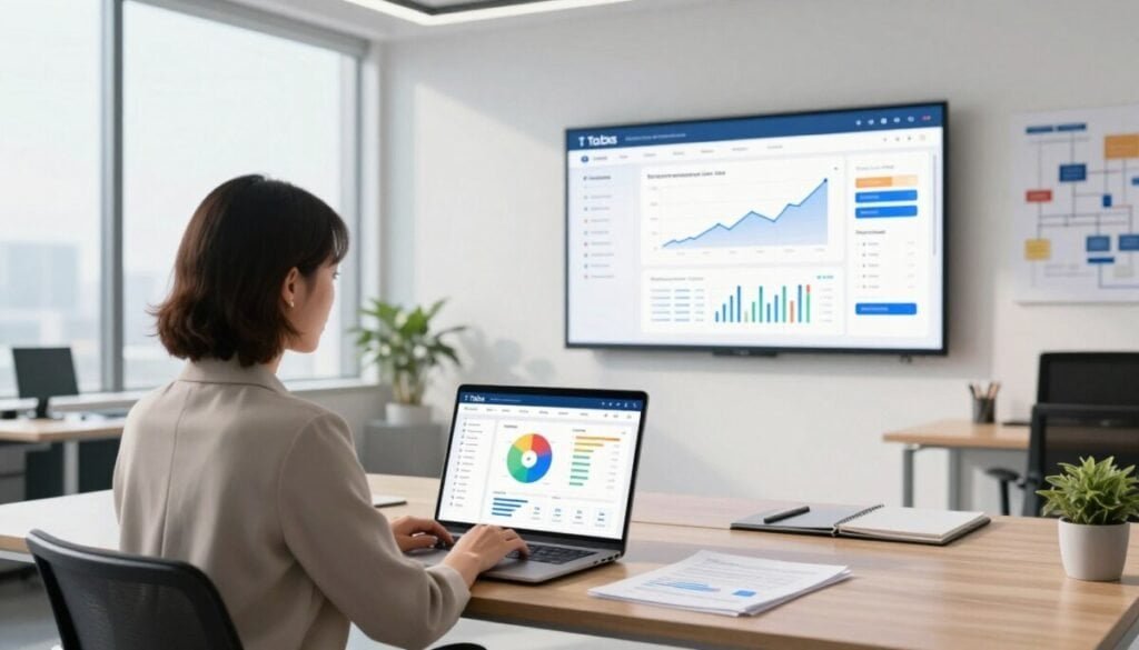 A sleek office environment featuring a modern workspace dedicated to Tabs revenue recognition software. In the foreground, a professional businesswoman wearing smart casual attire, intently focused on her laptop screen displaying the Tabs application interface with vibrant analytics and charts. In the middle ground, a large screen on the wall showcases an overview of financial data and revenue streams, emphasizing the software's capabilities. The room is well-lit with natural light streaming through floor-to-ceiling windows, creating an inviting and productive atmosphere. The background features organizational charts and a tidy desk with financial documents, reflecting a sense of professionalism and efficiency. The overall mood is one of focus and innovation, highlighting the benefits of efficient revenue recognition for SaaS finance teams. A sleek office environment featuring a modern workspace dedicated to Tabs revenue recognition software. In the foreground, a professional businesswoman wearing smart casual attire, intently focused on her laptop screen displaying the Tabs application interface with vibrant analytics and charts. In the middle ground, a large screen on the wall showcases an overview of financial data and revenue streams, emphasizing the software's capabilities. The room is well-lit with natural light streaming through floor-to-ceiling windows, creating an inviting and productive atmosphere. The background features organizational charts and a tidy desk with financial documents, reflecting a sense of professionalism and efficiency. The overall mood is one of focus and innovation, highlighting the benefits of efficient revenue recognition for SaaS finance teams.