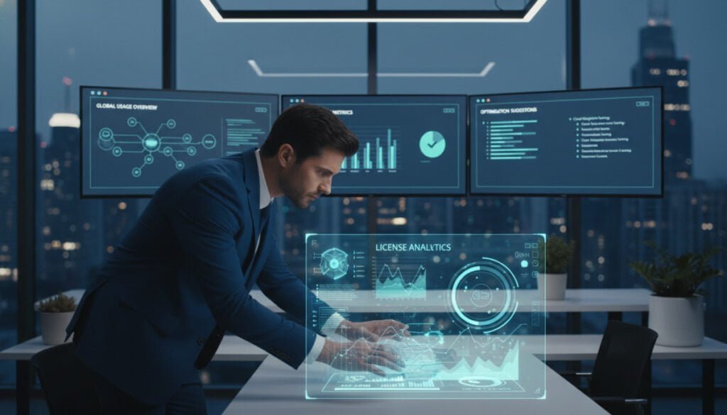 A sleek office environment showcasing multiple computer screens filled with software license management dashboards, graphs, and analytics. In the foreground, a professional, dressed in business attire, is actively engaging with a digital interface, analyzing license data with concentration. The middle ground features additional monitors displaying visualizations of license usage, compliance metrics, and optimization suggestions. In the background, a modern office space with soft lighting highlights a glass wall with a cityscape view, creating a professional, focused atmosphere. The overall color palette is calm and tech-oriented, incorporating shades of blue and gray, conveying a sense of efficiency and oversight in license management. The image captures the essence of leveraging technology for enhanced license oversight. A sleek office environment showcasing multiple computer screens filled with software license management dashboards, graphs, and analytics. In the foreground, a professional, dressed in business attire, is actively engaging with a digital interface, analyzing license data with concentration. The middle ground features additional monitors displaying visualizations of license usage, compliance metrics, and optimization suggestions. In the background, a modern office space with soft lighting highlights a glass wall with a cityscape view, creating a professional, focused atmosphere. The overall color palette is calm and tech-oriented, incorporating shades of blue and gray, conveying a sense of efficiency and oversight in license management. The image captures the essence of leveraging technology for enhanced license oversight.