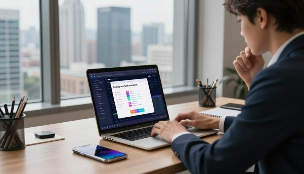 A sleek workspace featuring a high-tech computer setup with an open window displaying a modern city skyline in the background. In the foreground, a laptop screen displays colorful graphs and notifications related to Instagram automation tools, surrounded by tech gadgets like smartphones and notepads. A professional dressed individual, in smart business attire, works thoughtfully, analyzing data on the screen. Soft natural light filters through the window, casting gentle shadows, creating a productive and focused atmosphere. The image captures an essence of innovation, emphasizing the importance of Meta compliance and API regulations in the context of digital marketing strategies. A sleek workspace featuring a high-tech computer setup with an open window displaying a modern city skyline in the background. In the foreground, a laptop screen displays colorful graphs and notifications related to Instagram automation tools, surrounded by tech gadgets like smartphones and notepads. A professional dressed individual, in smart business attire, works thoughtfully, analyzing data on the screen. Soft natural light filters through the window, casting gentle shadows, creating a productive and focused atmosphere. The image captures an essence of innovation, emphasizing the importance of Meta compliance and API regulations in the context of digital marketing strategies.