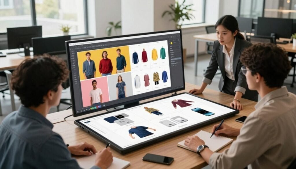 A sophisticated workspace showcasing product customization in action. In the foreground, a diverse team of professionals in business attire collaboratively using a large touchscreen interface, displaying a variety of customizable products like apparel and electronics. In the middle, vibrant images of products morphing in real-time as users adjust colors, patterns, and features, emphasizing interactive design. The background features a modern office environment with large windows flooding the space with natural light, and sleek furnishings to create a dynamic and inspiring atmosphere. Use soft shadows and a warm color palette to evoke a sense of innovation and collaboration, captured from a slightly elevated angle for depth. A sophisticated workspace showcasing product customization in action. In the foreground, a diverse team of professionals in business attire collaboratively using a large touchscreen interface, displaying a variety of customizable products like apparel and electronics. In the middle, vibrant images of products morphing in real-time as users adjust colors, patterns, and features, emphasizing interactive design. The background features a modern office environment with large windows flooding the space with natural light, and sleek furnishings to create a dynamic and inspiring atmosphere. Use soft shadows and a warm color palette to evoke a sense of innovation and collaboration, captured from a slightly elevated angle for depth.