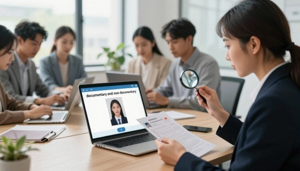 A split scene showcasing "documentary and non-documentary verification" for identity verification software. In the foreground, a professional woman in business attire is examining identification documents like a passport and driver’s license with a magnifying glass, demonstrating documentary verification. In the middle ground, a diverse group of professionals, wearing smart casual clothing, is engaged in a digital verification process on laptops and tablets, highlighting non-documentary verification. The background features a modern office setting with soft, natural lighting filtering through large windows, conveying an atmosphere of productivity and trust. A subtle depth of field highlights the details of the verification processes, while maintaining a clear focus on the human interaction and technology. A split scene showcasing "documentary and non-documentary verification" for identity verification software. In the foreground, a professional woman in business attire is examining identification documents like a passport and driver’s license with a magnifying glass, demonstrating documentary verification. In the middle ground, a diverse group of professionals, wearing smart casual clothing, is engaged in a digital verification process on laptops and tablets, highlighting non-documentary verification. The background features a modern office setting with soft, natural lighting filtering through large windows, conveying an atmosphere of productivity and trust. A subtle depth of field highlights the details of the verification processes, while maintaining a clear focus on the human interaction and technology.