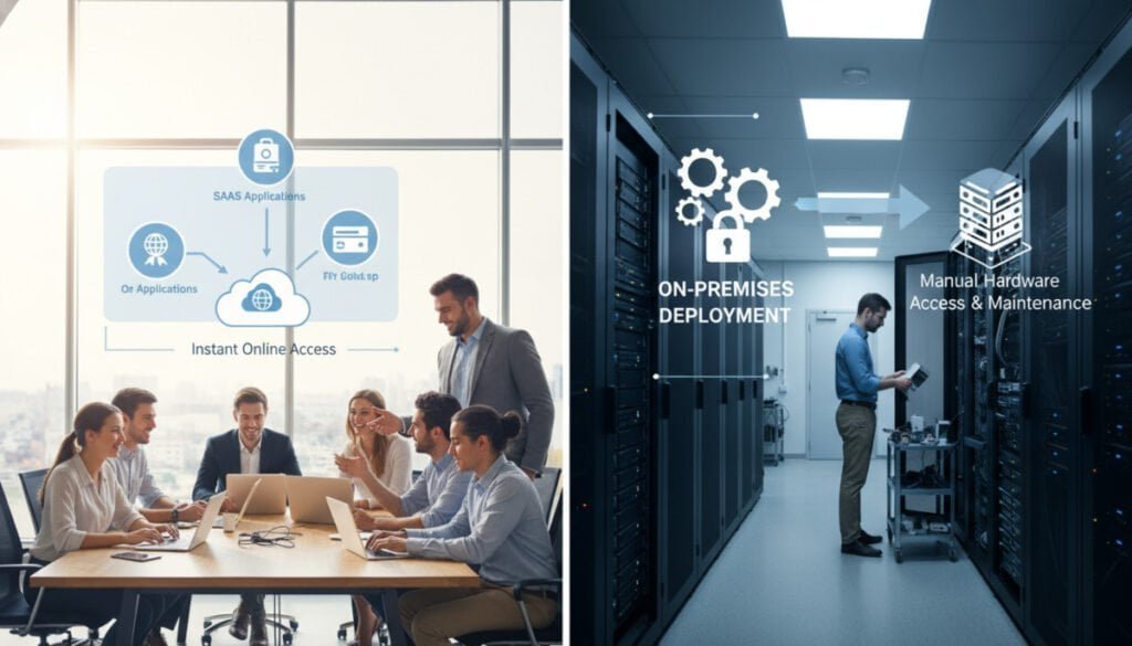 A split-screen image illustrating the key differences in deployment and access between SaaS and Non-SaaS. On the left, visualize a modern, cloud-based office setting with a diverse group of professionals in business attire collaborating over laptops, showcasing seamless online access to SaaS applications. Bright, natural lighting filters through large windows, creating a friendly atmosphere. On the right, depict a traditional IT server room with a single technician dressed in a business casual outfit, surrounded by physical servers, highlighting the complexity of Non-SaaS deployments. The room has a cooler, more sterile look, with overhead fluorescent lights casting a stark glow. Use a wide-angle perspective to emphasize both environments, contrasting the dynamic accessibility of cloud solutions with the structured nature of on-premises setups. A split-screen image illustrating the key differences in deployment and access between SaaS and Non-SaaS. On the left, visualize a modern, cloud-based office setting with a diverse group of professionals in business attire collaborating over laptops, showcasing seamless online access to SaaS applications. Bright, natural lighting filters through large windows, creating a friendly atmosphere. On the right, depict a traditional IT server room with a single technician dressed in a business casual outfit, surrounded by physical servers, highlighting the complexity of Non-SaaS deployments. The room has a cooler, more sterile look, with overhead fluorescent lights casting a stark glow. Use a wide-angle perspective to emphasize both environments, contrasting the dynamic accessibility of cloud solutions with the structured nature of on-premises setups.