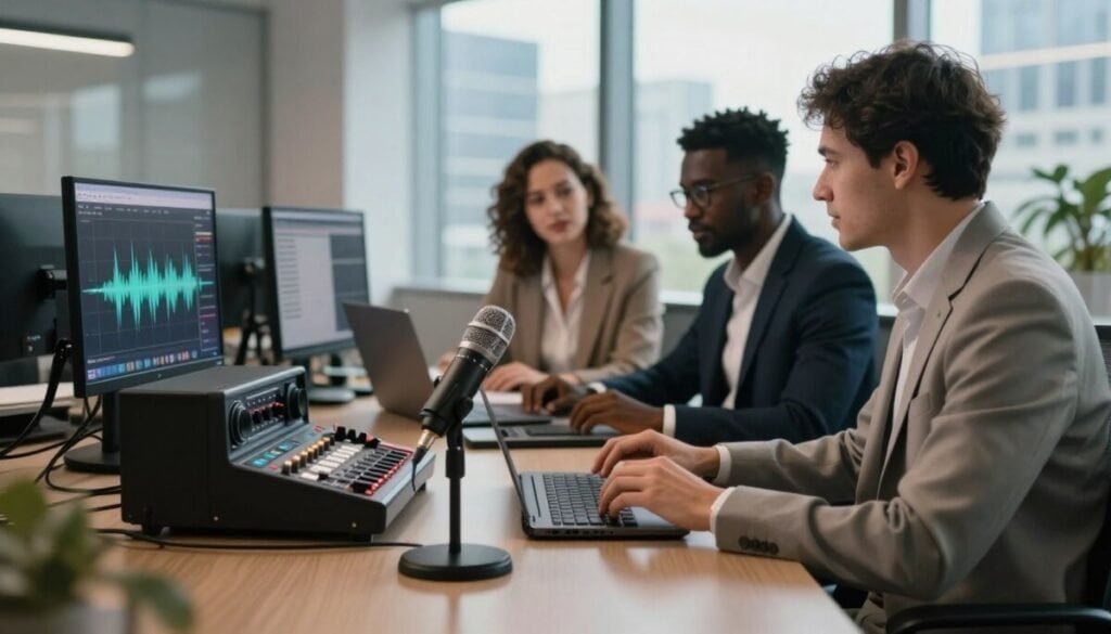 A stylish office environment showcasing a mid-range voice cloning setup. In the foreground, a sleek microphone on a polished desk, with high-tech audio gear, like mixing equipment and a laptop displaying waveforms. The middle ground features a diverse team of three professionals – a woman and two men – dressed in smart business attire, collaborating over the equipment, analyzing voice samples. The background reveals large windows with natural light streaming in, highlighting a modern city skyline. The mood exudes innovation and teamwork, capturing the essence of versatile video projects. The camera angle is slightly elevated, focusing on the interaction and technology, with soft, diffused lighting creating a warm, inviting atmosphere. A stylish office environment showcasing a mid-range voice cloning setup. In the foreground, a sleek microphone on a polished desk, with high-tech audio gear, like mixing equipment and a laptop displaying waveforms. The middle ground features a diverse team of three professionals – a woman and two men – dressed in smart business attire, collaborating over the equipment, analyzing voice samples. The background reveals large windows with natural light streaming in, highlighting a modern city skyline. The mood exudes innovation and teamwork, capturing the essence of versatile video projects. The camera angle is slightly elevated, focusing on the interaction and technology, with soft, diffused lighting creating a warm, inviting atmosphere.