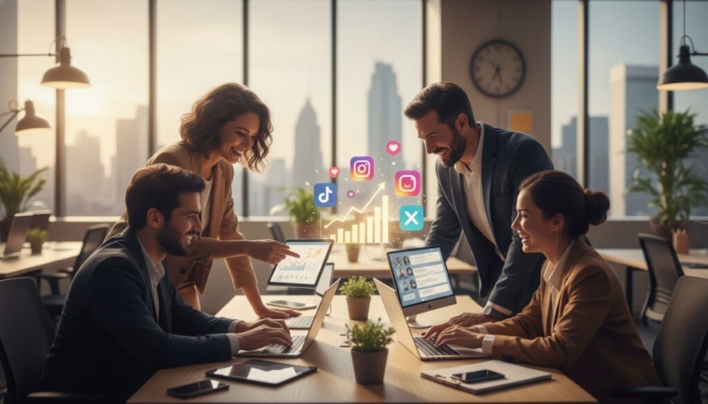 A vibrant and dynamic digital workspace bustling with activity, showcasing small business owners engaging with various digital platforms. In the foreground, a diverse group of professionals in smart business attire collaborates over laptops and tablets, smiling and sharing ideas. In the middle ground, visually engaging screens display graphs, social media icons, and chat interfaces representing multiple platforms. The background features a bright, modern office environment enhanced by natural light streaming through large windows, creating an inviting atmosphere. Use a wide-angle lens to capture the entirety of the scene, ensuring a sense of connection and interaction while maintaining a professional and focused mood. The color palette should be warm and engaging, reflecting creativity and collaboration. A vibrant and dynamic digital workspace bustling with activity, showcasing small business owners engaging with various digital platforms. In the foreground, a diverse group of professionals in smart business attire collaborates over laptops and tablets, smiling and sharing ideas. In the middle ground, visually engaging screens display graphs, social media icons, and chat interfaces representing multiple platforms. The background features a bright, modern office environment enhanced by natural light streaming through large windows, creating an inviting atmosphere. Use a wide-angle lens to capture the entirety of the scene, ensuring a sense of connection and interaction while maintaining a professional and focused mood. The color palette should be warm and engaging, reflecting creativity and collaboration.
