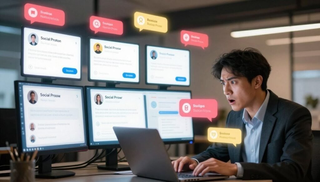 A vibrant and dynamic digital workspace is depicted, showcasing an array of glowing real-time notifications popping up on multiple screens. In the foreground, a professional individual in business attire is engaging with a laptop, visibly intrigued by the notifications. The middle layer features several screens with various notification alerts related to social proof, such as recent purchases and user interactions, designed in a sleek, modern style. The background is a blurred office environment with warm, ambient lighting, enhancing the focus on the notifications. The angle is slightly elevated, capturing the screens’ glow and the individual’s expression of urgency and excitement. The overall mood is energetic and engaging, emphasizing the impactful nature of real-time notifications in capturing attention and driving action. A vibrant and dynamic digital workspace is depicted, showcasing an array of glowing real-time notifications popping up on multiple screens. In the foreground, a professional individual in business attire is engaging with a laptop, visibly intrigued by the notifications. The middle layer features several screens with various notification alerts related to social proof, such as recent purchases and user interactions, designed in a sleek, modern style. The background is a blurred office environment with warm, ambient lighting, enhancing the focus on the notifications. The angle is slightly elevated, capturing the screens’ glow and the individual’s expression of urgency and excitement. The overall mood is energetic and engaging, emphasizing the impactful nature of real-time notifications in capturing attention and driving action.