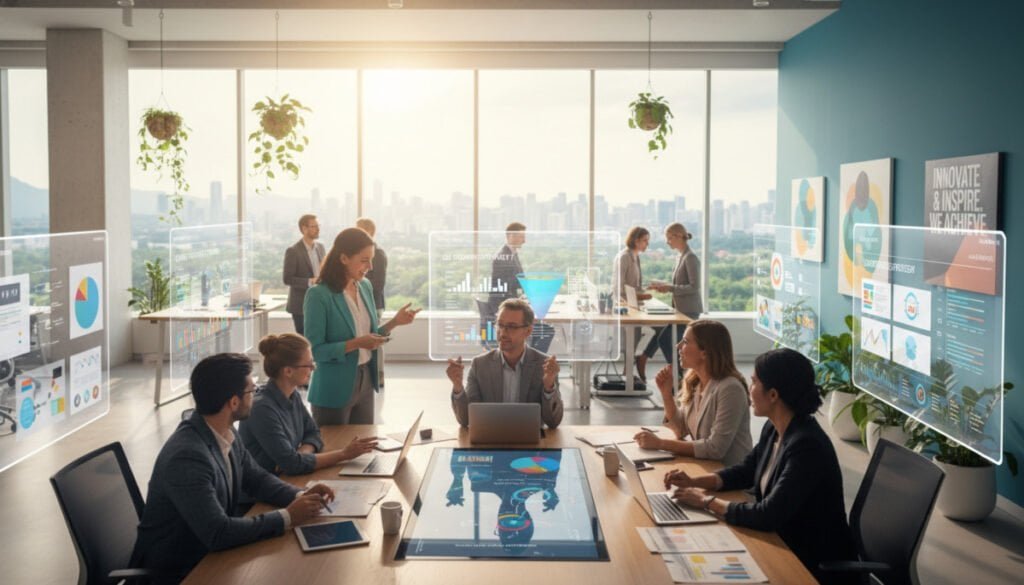 A vibrant and dynamic office environment showcasing collaboration among sales, marketing, and service teams. In the foreground, a diverse group of professionals in smart business attire, including women and men of various ethnicities, are engaged in brainstorming at a large table filled with laptops, charts, and digital devices. In the middle ground, transparent screens display data analytics and marketing strategies, while another team member gestures enthusiastically, fostering discussion. The background features a modern office space with large windows letting in natural light, lush greenery, and motivational artwork on the walls. The atmosphere is energetic and collaborative, emphasizing teamwork. Capture the scene from a slightly elevated angle to highlight the engagement and interaction, and ensure the lighting is bright and inviting, evoking a sense of professionalism and innovation.