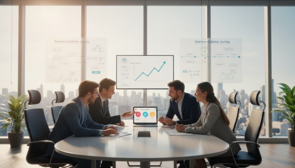A vibrant and dynamic office setting representing the concept of seamless onboarding in a SaaS environment. In the foreground, a diverse group of professionals in business attire is engaged in a collaborative discussion around a modern conference table, showcasing enthusiasm and focus on a digital device displaying a user-friendly onboarding interface. In the middle ground, detailed elements like charts, graphs, and onboarding steps on screens highlight a smooth customer journey. The background features large windows allowing natural light to flood the room, creating an uplifting and motivating atmosphere. The lighting is bright and warm, enhancing a sense of professionalism and optimism, shot from a slight angle to suggest openness and interaction. A vibrant and dynamic office setting representing the concept of seamless onboarding in a SaaS environment. In the foreground, a diverse group of professionals in business attire is engaged in a collaborative discussion around a modern conference table, showcasing enthusiasm and focus on a digital device displaying a user-friendly onboarding interface. In the middle ground, detailed elements like charts, graphs, and onboarding steps on screens highlight a smooth customer journey. The background features large windows allowing natural light to flood the room, creating an uplifting and motivating atmosphere. The lighting is bright and warm, enhancing a sense of professionalism and optimism, shot from a slight angle to suggest openness and interaction.
