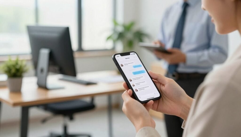 A vibrant and dynamic scene depicting two-way text messaging between a service professional and a client. In the foreground, focus on a close-up of a smartphone held by a person wearing professional business attire, showcasing the screen with visible text messages conveying appointment reminders. In the middle, a blurred image of a modern office environment with a desk, computer, and potted plants adds depth. The background features a bright and inviting workspace with natural light streaming through a large window. The mood is energetic and efficient, illustrating streamlined communication. Use a warm color palette to enhance the atmosphere and ensure the image is professional and polished, capturing the essence of client interaction in a service-oriented setting. A vibrant and dynamic scene depicting two-way text messaging between a service professional and a client. In the foreground, focus on a close-up of a smartphone held by a person wearing professional business attire, showcasing the screen with visible text messages conveying appointment reminders. In the middle, a blurred image of a modern office environment with a desk, computer, and potted plants adds depth. The background features a bright and inviting workspace with natural light streaming through a large window. The mood is energetic and efficient, illustrating streamlined communication. Use a warm color palette to enhance the atmosphere and ensure the image is professional and polished, capturing the essence of client interaction in a service-oriented setting.