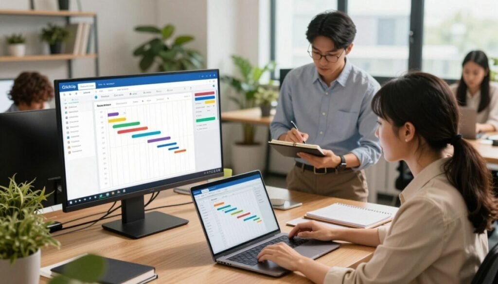 A vibrant and organized office environment showcasing a diverse team of professionals engaged in capacity planning using ClickUp software. In the foreground, focus on a woman in a smart casual outfit analyzing a detailed Gantt chart on her laptop; nearby, a man in business attire takes notes while observing a digital dashboard displaying project timelines. The middle layer features a large screen on a wall with colorful charts and graphs illustrating workload distribution. The background highlights modern office decor with greenery and large windows letting in natural light, creating an energizing atmosphere. Use warm lighting to evoke collaboration and productivity, with a slightly elevated angle to capture the teamwork in action. A vibrant and organized office environment showcasing a diverse team of professionals engaged in capacity planning using ClickUp software. In the foreground, focus on a woman in a smart casual outfit analyzing a detailed Gantt chart on her laptop; nearby, a man in business attire takes notes while observing a digital dashboard displaying project timelines. The middle layer features a large screen on a wall with colorful charts and graphs illustrating workload distribution. The background highlights modern office decor with greenery and large windows letting in natural light, creating an energizing atmosphere. Use warm lighting to evoke collaboration and productivity, with a slightly elevated angle to capture the teamwork in action.