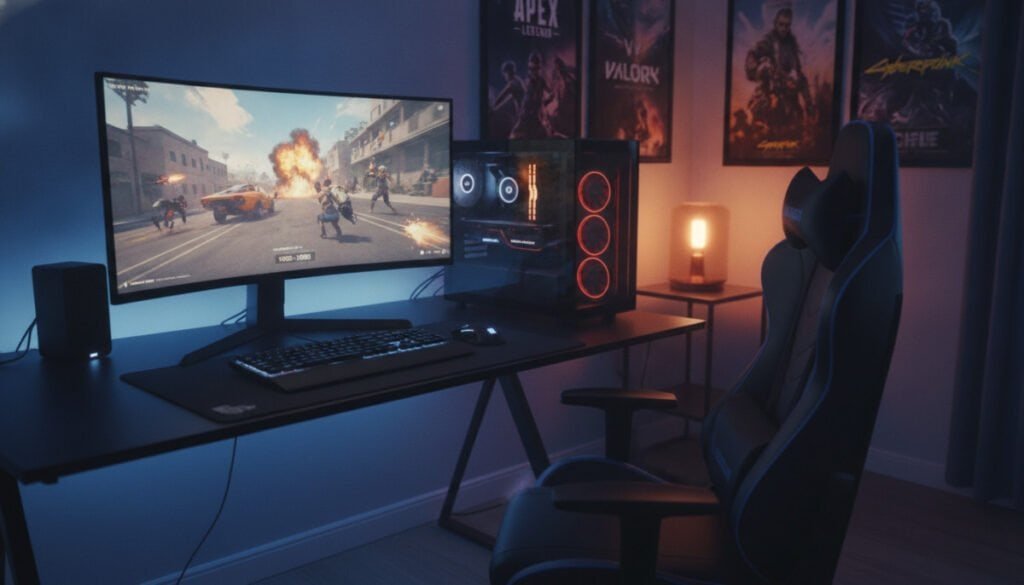 A vibrant gaming scene depicting a powerful yet budget-friendly GPU performance at 1080p resolution. In the foreground, show a sleek, modern gaming setup featuring a well-lit monitor displaying an intense, action-packed gaming scene. A tasteful gaming chair is positioned in front of the desk, with a cozy ambiance created by LED lights subtly illuminating the space. In the middle ground, include a detailed view of a graphics card with visible branding, showcasing its design elements. The background should feature posters of popular video games, adding to the gaming theme, while a soft, warm glow from a lamp enhances the inviting atmosphere. Capture the scene from a slightly elevated angle, emphasizing the depth of the setup, with a focus on clarity and detail. The mood is energetic and aspirational, appealing to budget-conscious gamers.