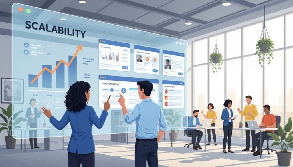 A vibrant illustration of a diverse team of professionals collaborating around a large digital interface displaying customizable software solutions, symbolizing the concept of scalability. In the foreground, a woman in a smart blazer is pointing at a graph showing growth metrics, while a man in a collared shirt is adjusting a digital slider on a dashboard. The middle ground features screens illustrating different software designs tailored to various business needs, with icons representing configuration options. The background is a modern office space filled with plants and bright lighting flooding through large windows, creating an energetic and innovative atmosphere. The image captures the essence of teamwork and adaptability in technology.