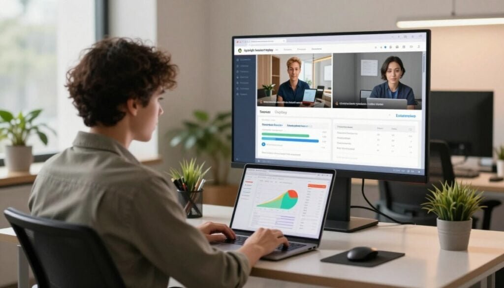 A vibrant office environment showcasing lightweight session replay tools in action. In the foreground, a professional business analyst sits at a modern desk, wearing casual yet professional attire, focused on a laptop displaying intuitive session replay analytics with colorful graphs and overlay recordings. The middle ground features a large screen showing an engaging user interface of a session replay tool, capturing user interactions in real-time. The background includes minimalist office decor with plants and soft ambient lighting creating a calm and productive atmosphere. Natural light filters through a window, adding warmth, while a slight depth of field blurs the surroundings, emphasizing the analyst and their work, conveying a sense of innovation and efficiency in small business settings. A vibrant office environment showcasing lightweight session replay tools in action. In the foreground, a professional business analyst sits at a modern desk, wearing casual yet professional attire, focused on a laptop displaying intuitive session replay analytics with colorful graphs and overlay recordings. The middle ground features a large screen showing an engaging user interface of a session replay tool, capturing user interactions in real-time. The background includes minimalist office decor with plants and soft ambient lighting creating a calm and productive atmosphere. Natural light filters through a window, adding warmth, while a slight depth of field blurs the surroundings, emphasizing the analyst and their work, conveying a sense of innovation and efficiency in small business settings.