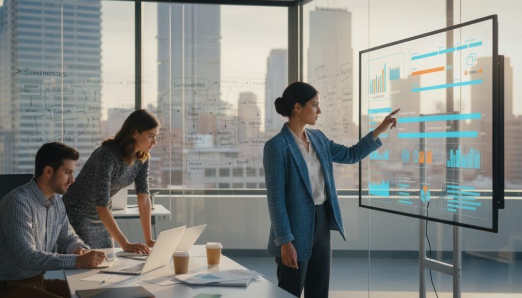 A vibrant office setting featuring a diverse group of professionals engaged in a strategic content marketing meeting for SaaS growth. In the foreground, a stylish woman in a blazer points at a large digital screen displaying colorful graphs and digital marketing metrics. To her left, a man in smart casual attire takes notes, while another colleague, a woman in a tailored dress, analyzes data on her laptop. In the middle ground, glass partitions showcase a modern workspace with whiteboards filled with brainstorming ideas and content strategies. The background features an expansive city skyline through large windows, bathed in warm, natural light that suggests optimism and creativity. The overall atmosphere is focused and collaborative, emphasizing innovation and strategic thinking in a sleek, modern environment. A vibrant office setting featuring a diverse group of professionals engaged in a strategic content marketing meeting for SaaS growth. In the foreground, a stylish woman in a blazer points at a large digital screen displaying colorful graphs and digital marketing metrics. To her left, a man in smart casual attire takes notes, while another colleague, a woman in a tailored dress, analyzes data on her laptop. In the middle ground, glass partitions showcase a modern workspace with whiteboards filled with brainstorming ideas and content strategies. The background features an expansive city skyline through large windows, bathed in warm, natural light that suggests optimism and creativity. The overall atmosphere is focused and collaborative, emphasizing innovation and strategic thinking in a sleek, modern environment.