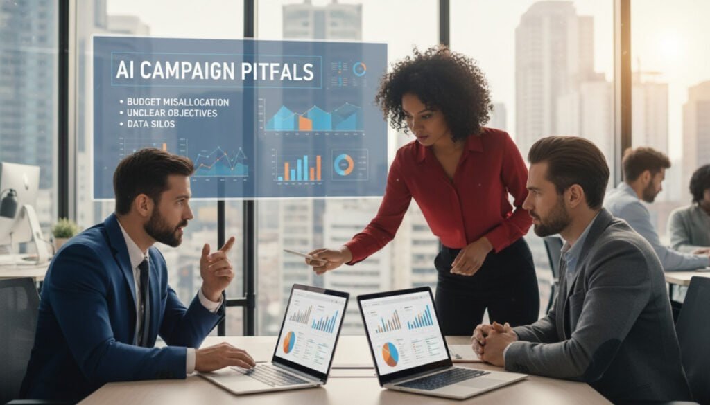 A vibrant office setting with a focus on a diverse group of three professionals—two men and one woman—engaged in a strategic discussion about AI campaign management. The foreground showcases a sleek conference table with laptops open, displaying data analytics and campaign metrics. The middle layer features a large digital screen displaying graphs and infographics that highlight common pitfalls, such as misallocation of budget and lack of clear objectives. In the background, a modern office environment with glass walls allows for natural light to filter in, creating a bright and productive atmosphere. The mood is one of collaboration and innovation, emphasizing a proactive approach to problem-solving, with the professionals dressed in smart business attire, radiating focus and determination.
