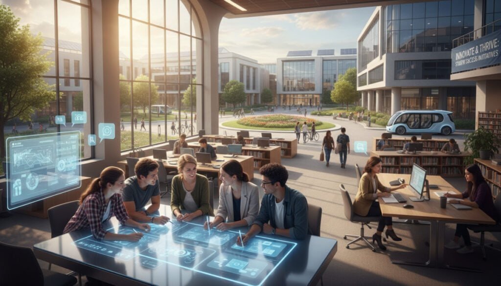 A vibrant university scene showcasing innovative support strategies for students. In the foreground, a diverse group of students collaborate around a high-tech table equipped with digital tools, engaging in lively discussion. The middle ground features a modern university library with natural light streaming through large windows, where a mentor provides guidance to a student at a computer. The background shows a contemporary campus with greenery, blending nature with architecture. The lighting is warm and inviting, creating a positive atmosphere. A wide-angle view captures the energy and collaboration, emphasizing a forward-thinking educational environment. A vibrant university scene showcasing innovative support strategies for students. In the foreground, a diverse group of students collaborate around a high-tech table equipped with digital tools, engaging in lively discussion. The middle ground features a modern university library with natural light streaming through large windows, where a mentor provides guidance to a student at a computer. The background shows a contemporary campus with greenery, blending nature with architecture. The lighting is warm and inviting, creating a positive atmosphere. A wide-angle view captures the energy and collaboration, emphasizing a forward-thinking educational environment.