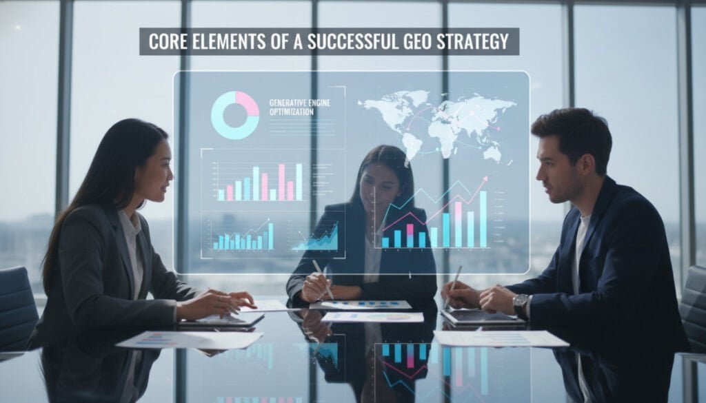 A visually compelling illustration of the "Core Elements of a Successful GEO Strategy." In the foreground, a diverse group of three professionals in business attire is engaged in a dynamic brainstorming session around a sleek conference table covered with charts and digital devices. The middle layer features a large digital screen displaying vibrant graphs and strategic maps that highlight growth opportunities and analytics. In the background, a modern office space with large windows allows natural light to flood in, illuminating the scene and creating a bright, optimistic atmosphere. Soft shadows and sharp reflections enhance depth, while a wide-angle lens captures the collaboration and innovation at play, evoking a sense of excitement and forward momentum in the realm of Generative Engine Optimization. A visually compelling illustration of the "Core Elements of a Successful GEO Strategy." In the foreground, a diverse group of three professionals in business attire is engaged in a dynamic brainstorming session around a sleek conference table covered with charts and digital devices. The middle layer features a large digital screen displaying vibrant graphs and strategic maps that highlight growth opportunities and analytics. In the background, a modern office space with large windows allows natural light to flood in, illuminating the scene and creating a bright, optimistic atmosphere. Soft shadows and sharp reflections enhance depth, while a wide-angle lens captures the collaboration and innovation at play, evoking a sense of excitement and forward momentum in the realm of Generative Engine Optimization.