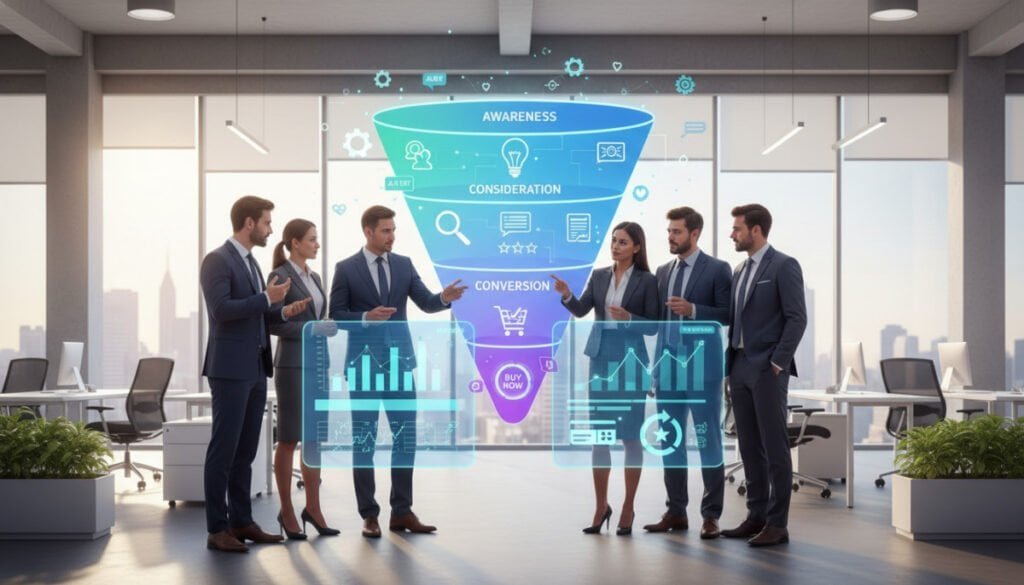 A visually engaging and professional illustration of a digital marketing funnel, showcasing integrated conversion rate optimization (CRO) best practices. In the foreground, depict a diverse group of business professionals in elegant business attire, collaborating around a large digital screen displaying marketing analytics graphs and flowcharts. In the middle, illustrate the stages of the marketing funnel, highlighting key areas like awareness, consideration, conversion, and retention, with vibrant icons representing each stage. In the background, create a modern office environment with soft, natural lighting and sleek furnishings to enhance the professional atmosphere. Capture a sense of teamwork and strategy, invoking an atmosphere of innovation and success. A visually engaging and professional illustration of a digital marketing funnel, showcasing integrated conversion rate optimization (CRO) best practices. In the foreground, depict a diverse group of business professionals in elegant business attire, collaborating around a large digital screen displaying marketing analytics graphs and flowcharts. In the middle, illustrate the stages of the marketing funnel, highlighting key areas like awareness, consideration, conversion, and retention, with vibrant icons representing each stage. In the background, create a modern office environment with soft, natural lighting and sleek furnishings to enhance the professional atmosphere. Capture a sense of teamwork and strategy, invoking an atmosphere of innovation and success.