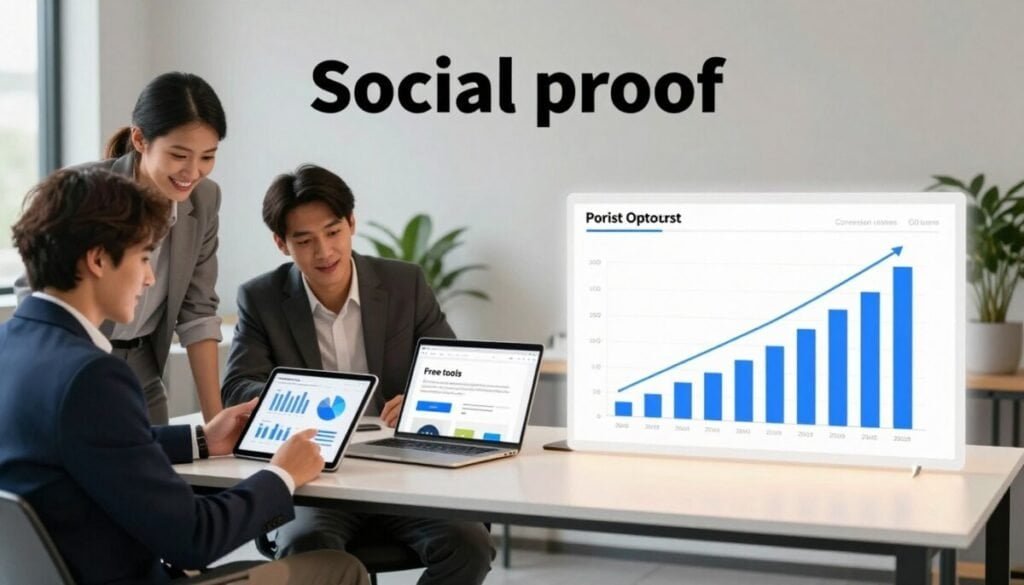 A visually engaging comparison scene illustrating “social proof” with a split design showcasing free versus paid options. In the foreground, on the left side, a diverse group of professionals in business attire enthusiastically discussing statistics displayed on a tablet, representing free tools; bright and inviting lighting enhances their expressions. In the middle ground, a sleek, modern desk features a laptop open to a premium tool website, illuminated by soft, warm lighting. On the right, a digital bar graph shows contrasting conversion rates, visually emphasizing the difference between the two options. The background consists of a minimalist office with light-colored walls and greenery, creating a professional yet approachable atmosphere. The overall mood is collaborative and optimistic, inviting the viewer to explore the benefits of social proof tools. A visually engaging comparison scene illustrating “social proof” with a split design showcasing free versus paid options. In the foreground, on the left side, a diverse group of professionals in business attire enthusiastically discussing statistics displayed on a tablet, representing free tools; bright and inviting lighting enhances their expressions. In the middle ground, a sleek, modern desk features a laptop open to a premium tool website, illuminated by soft, warm lighting. On the right, a digital bar graph shows contrasting conversion rates, visually emphasizing the difference between the two options. The background consists of a minimalist office with light-colored walls and greenery, creating a professional yet approachable atmosphere. The overall mood is collaborative and optimistic, inviting the viewer to explore the benefits of social proof tools.