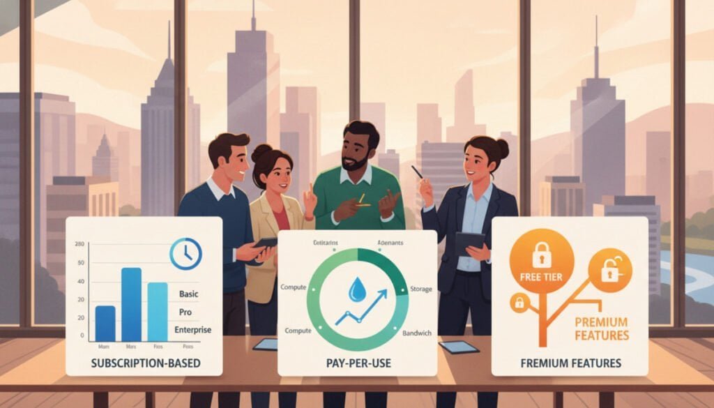 A visually engaging illustration depicting diverse SaaS pricing models in a modern office setting. In the foreground, a sleek conference table features three colorful charts representing different pricing tiers: subscription-based, pay-per-use, and freemium. In the middle ground, professionals in business attire, a diverse group of men and women, are discussing the charts with focused expressions. The background showcases a large window with a cityscape view under soft, natural lighting that creates an inviting atmosphere. The overall mood should be collaborative and informative, conveying a sense of innovation in software pricing strategies. The image should have a warm color palette to enhance the positivity of the discussion, with clear details in the illustrations of each pricing model. A visually engaging illustration depicting diverse SaaS pricing models in a modern office setting. In the foreground, a sleek conference table features three colorful charts representing different pricing tiers: subscription-based, pay-per-use, and freemium. In the middle ground, professionals in business attire, a diverse group of men and women, are discussing the charts with focused expressions. The background showcases a large window with a cityscape view under soft, natural lighting that creates an inviting atmosphere. The overall mood should be collaborative and informative, conveying a sense of innovation in software pricing strategies. The image should have a warm color palette to enhance the positivity of the discussion, with clear details in the illustrations of each pricing model.