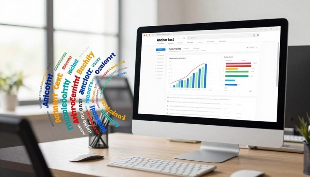 A visually engaging illustration depicting the concept of anchor text diversity in a digital environment. In the foreground, various anchor text phrases represented as colorful hyperlinks arranged in a dynamic, swirling pattern, symbolizing diversity in linking strategies. The middle ground features a computer screen displaying a website audit tool, with graphs and charts showing analyses of anchor text types, colors, and sizes. The background consists of a blurred office setting with soft, natural light filtering through large windows, creating a professional atmosphere. The scene is captured from a slightly elevated angle, emphasizing the diversity of the links while maintaining a clean and organized look. The overall mood is analytical and focused, showcasing the importance of diverse anchor text in a web audit context.