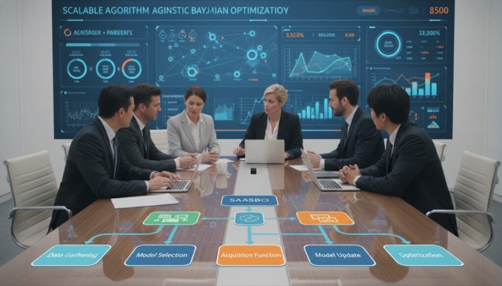 A visually engaging infographic illustrating the SAASBO Methodology in Bayesian Optimization, featuring a stylized flowchart in the foreground showing key steps like "Data Gathering," "Model Selection," and "Optimization," interconnected with arrows. In the middle layer, depict a professional team of diverse individuals, dressed in business attire, analyzing data on laptops and discussing around a modern conference table. In the background, add a digital dashboard displaying real-time optimization metrics and Bayesian graphs, with sleek lines and modern aesthetics. Utilize bright, clear lighting to create a sense of innovation and professionalism, with an angle focusing slightly from above to encompass both the team and data visuals, infusing the atmosphere with collaboration and cutting-edge technology. A visually engaging infographic illustrating the SAASBO Methodology in Bayesian Optimization, featuring a stylized flowchart in the foreground showing key steps like "Data Gathering," "Model Selection," and "Optimization," interconnected with arrows. In the middle layer, depict a professional team of diverse individuals, dressed in business attire, analyzing data on laptops and discussing around a modern conference table. In the background, add a digital dashboard displaying real-time optimization metrics and Bayesian graphs, with sleek lines and modern aesthetics. Utilize bright, clear lighting to create a sense of innovation and professionalism, with an angle focusing slightly from above to encompass both the team and data visuals, infusing the atmosphere with collaboration and cutting-edge technology.