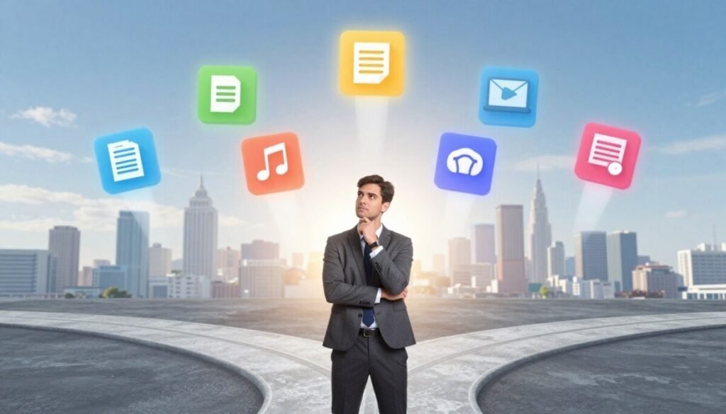 A visually engaging scene depicting a business professional standing at a digital crossroads, thoughtfully examining various vibrant platforms represented as glowing icons hovering in mid-air. In the foreground, the professional, wearing smart business attire, has an expression of contemplation, symbolizing the careful choice-making process. The middle layer features a diverse array of digital product icons like e-books, music files, and graphic designs radiating subtle light, illustrating different platform options. In the background, a futuristic cityscape symbolizes growth and opportunity, bathed in soft morning light with a clear blue sky. The atmosphere should convey a sense of possibility, innovation, and caution, emphasizing the importance of making informed decisions when selecting a platform to sell digital products. A visually engaging scene depicting a business professional standing at a digital crossroads, thoughtfully examining various vibrant platforms represented as glowing icons hovering in mid-air. In the foreground, the professional, wearing smart business attire, has an expression of contemplation, symbolizing the careful choice-making process. The middle layer features a diverse array of digital product icons like e-books, music files, and graphic designs radiating subtle light, illustrating different platform options. In the background, a futuristic cityscape symbolizes growth and opportunity, bathed in soft morning light with a clear blue sky. The atmosphere should convey a sense of possibility, innovation, and caution, emphasizing the importance of making informed decisions when selecting a platform to sell digital products.