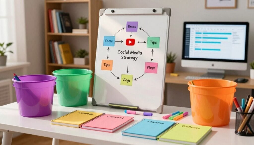 A visually engaging workspace filled with vibrant content buckets for YouTube Shorts. In the foreground, a stylish desk displays colorful notepads labeled with various content themes like "Comedy," "Tips," "Vlogs," and "Challenges." The middle of the scene features a whiteboard with a creative diagram illustrating how each bucket connects to a versatile content strategy, with colorful markers scattered around. In the background, a well-organized bookshelf holds books on social media strategy, while a computer screen brightens the room, displaying a scheduling tool interface. The atmosphere is bright and energetic, with warm lighting casting soft shadows. A slight lens tilt adds depth to the composition, keeping a professional yet creative vibe. A visually engaging workspace filled with vibrant content buckets for YouTube Shorts. In the foreground, a stylish desk displays colorful notepads labeled with various content themes like "Comedy," "Tips," "Vlogs," and "Challenges." The middle of the scene features a whiteboard with a creative diagram illustrating how each bucket connects to a versatile content strategy, with colorful markers scattered around. In the background, a well-organized bookshelf holds books on social media strategy, while a computer screen brightens the room, displaying a scheduling tool interface. The atmosphere is bright and energetic, with warm lighting casting soft shadows. A slight lens tilt adds depth to the composition, keeping a professional yet creative vibe.