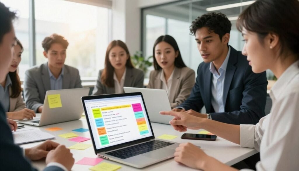 A visually engaging workspace scene featuring a diverse group of professionals in business attire brainstorming over a table cluttered with colorful sticky notes, laptops, and digital devices. In the foreground, focus on a laptop screen displaying various email subject lines designed for marketing effectiveness, highlighted in vibrant colors. In the middle, capture various team members in a mix of genders and ethnicities, actively discussing and pointing at the screen with expressions of excitement and determination. The background shows a modern office environment with large windows allowing natural light to flood the space, casting a warm glow that creates a productive atmosphere. Use a wide-angle lens to emphasize the collaborative moment, enhancing the feeling of teamwork in a contemporary business setting.