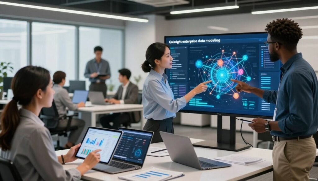 A visually rich representation of "Gainsight enterprise data modeling," featuring a modern office environment where a diverse group of professionals in business attire are collaborating over dynamic data visualizations displayed on large screens. In the foreground, a well-defined woman of Asian descent examines graphs on a tablet, while a Black man gestures towards vibrant, interconnected data networks on a digital display. In the middle ground, sleek desks with laptops and paperwork create a productive atmosphere. The background captures a bustling open office space with large windows, allowing soft natural light to filter in, enhancing the focus on teamwork and innovation. The mood is collaborative and forward-thinking, emphasizing the integration of technology in customer success strategies for SaaS companies.