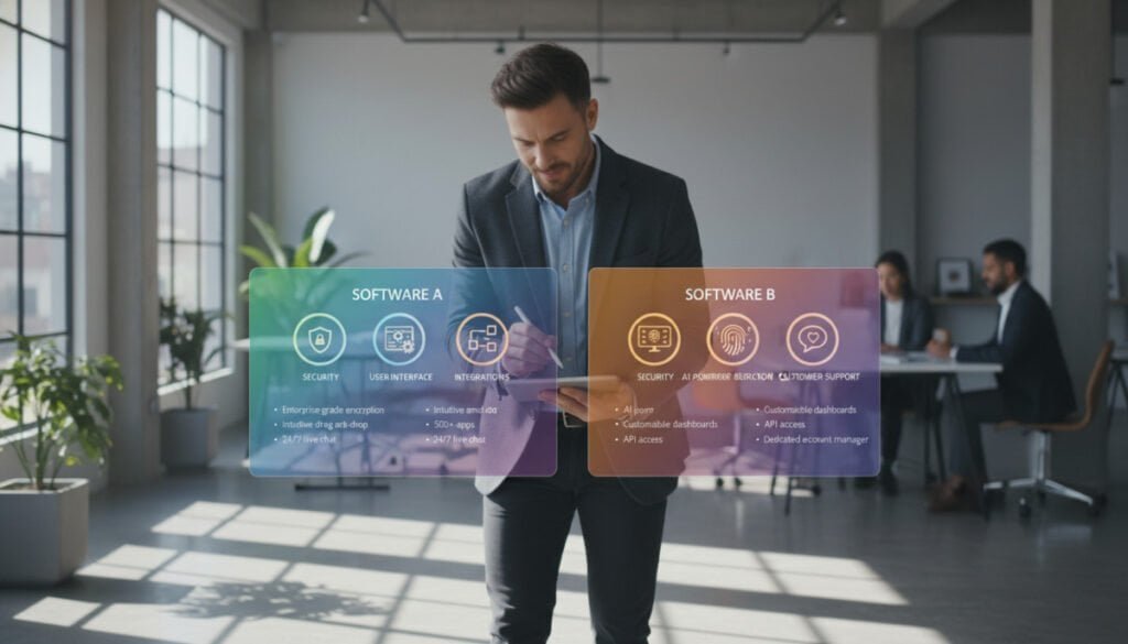 A visually striking comparison chart showcasing software features and benefits. In the foreground, a neatly arranged grid of two overlapping screens displaying various colorful icons representing key features like security, user interface, integrations, and customer support. In the middle, a business professional in smart casual attire examines the screens, taking notes on a digital tablet. The background features a modern office environment with soft natural lighting coming through a window, casting gentle shadows. The overall mood is analytical and focused, emphasizing a collaborative and productive atmosphere. The camera angle is slightly above eye level, creating a clear view of the screens and the professional's engaged expression, highlighting the thoughtful analysis of software solutions. A visually striking comparison chart showcasing software features and benefits. In the foreground, a neatly arranged grid of two overlapping screens displaying various colorful icons representing key features like security, user interface, integrations, and customer support. In the middle, a business professional in smart casual attire examines the screens, taking notes on a digital tablet. The background features a modern office environment with soft natural lighting coming through a window, casting gentle shadows. The overall mood is analytical and focused, emphasizing a collaborative and productive atmosphere. The camera angle is slightly above eye level, creating a clear view of the screens and the professional's engaged expression, highlighting the thoughtful analysis of software solutions.