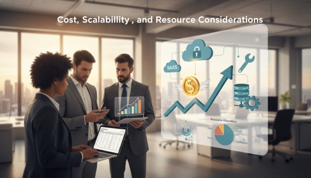 A visually striking digital illustration that embodies the concepts of "Cost, Scalability, and Resource Considerations" in a business environment. In the foreground, a diverse group of professionals in business attire, including a woman reviewing a budget on a laptop and a man holding a chart, are engaged in a discussion, surrounded by symbolic elements of SaaS and non-SaaS solutions. In the middle ground, a dynamic infographic blending elements like cloud servers, dollar signs, and upward arrows representing scalability. The background features a modern office setting with large windows, natural light streaming in to create an optimistic atmosphere. Use warm, inviting colors to enhance the atmosphere, with a slight depth of field effect for a professional look. A visually striking digital illustration that embodies the concepts of "Cost, Scalability, and Resource Considerations" in a business environment. In the foreground, a diverse group of professionals in business attire, including a woman reviewing a budget on a laptop and a man holding a chart, are engaged in a discussion, surrounded by symbolic elements of SaaS and non-SaaS solutions. In the middle ground, a dynamic infographic blending elements like cloud servers, dollar signs, and upward arrows representing scalability. The background features a modern office setting with large windows, natural light streaming in to create an optimistic atmosphere. Use warm, inviting colors to enhance the atmosphere, with a slight depth of field effect for a professional look.