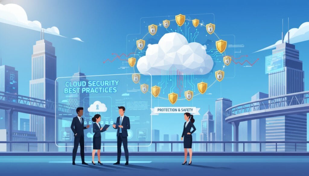 A visually striking illustration of cloud infrastructure security best practices. In the foreground, a diverse team of four professionals in business attire analyzes a large digital screen with cloud network visuals, highlighting security protocols. In the middle ground, an abstract representation of a secure cloud surrounded by shields and padlocks, symbolizing protection and safety. The background features a futuristic city skyline, signifying digital innovation, under a clear blue sky to convey a sense of stability and trust. The lighting is bright and focused, creating an optimistic atmosphere, with soft shadows to enhance depth. The overall mood is one of collaboration and vigilance in technology, emphasizing digital security in cloud environments.