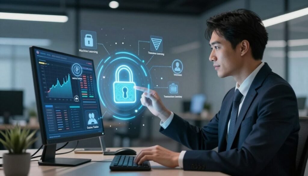 A visually striking illustration showcasing essential features for fraud prevention platforms in ecommerce. In the foreground, a confident business professional, dressed in business attire, analyzes a digital dashboard filled with graphs, alerts, and security icons on a modern computer screen. In the middle ground, visible elements include a stylized lock symbolizing security, along with various icons representing key features like machine learning, user verification, and transaction monitoring. The background features a sleek, high-tech office environment with soft, ambient lighting, reflecting a serious yet optimistic atmosphere. The composition highlights the importance of security in online transactions, with a focus on innovation and professionalism, captured in a cinematic angle that conveys depth and clarity. A visually striking illustration showcasing essential features for fraud prevention platforms in ecommerce. In the foreground, a confident business professional, dressed in business attire, analyzes a digital dashboard filled with graphs, alerts, and security icons on a modern computer screen. In the middle ground, visible elements include a stylized lock symbolizing security, along with various icons representing key features like machine learning, user verification, and transaction monitoring. The background features a sleek, high-tech office environment with soft, ambient lighting, reflecting a serious yet optimistic atmosphere. The composition highlights the importance of security in online transactions, with a focus on innovation and professionalism, captured in a cinematic angle that conveys depth and clarity.