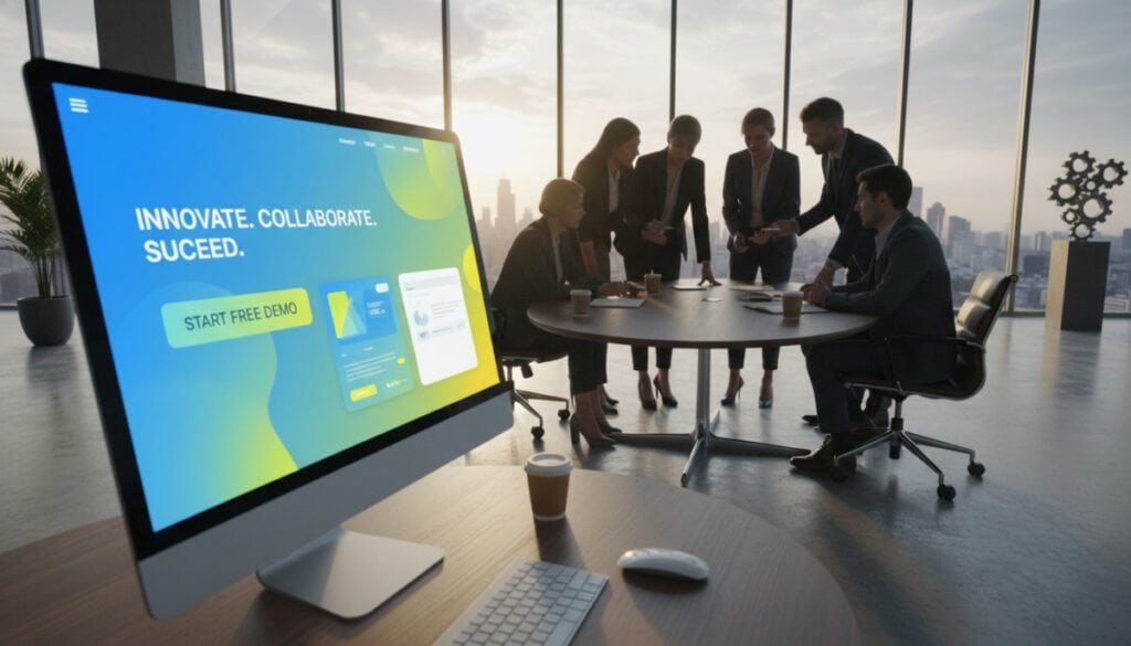 A visually striking landing page design for a SaaS company, showcasing a modern and clean interface. In the foreground, feature an elegant computer screen displaying the landing page with vibrant colors, engaging call-to-action buttons, and appealing visuals of interactive demos. The middle layer should include a professional team collaborating around a sleek conference table, dressed in business attire, analyzing the landing page's effectiveness. The background should have a contemporary office environment with large windows allowing natural light to filter in, creating a bright and inviting atmosphere. Use a wide-angle lens effect to capture the entire scene, emphasizing teamwork and innovation. The mood should be dynamic and forward-thinking, reflecting the excitement of SaaS success.