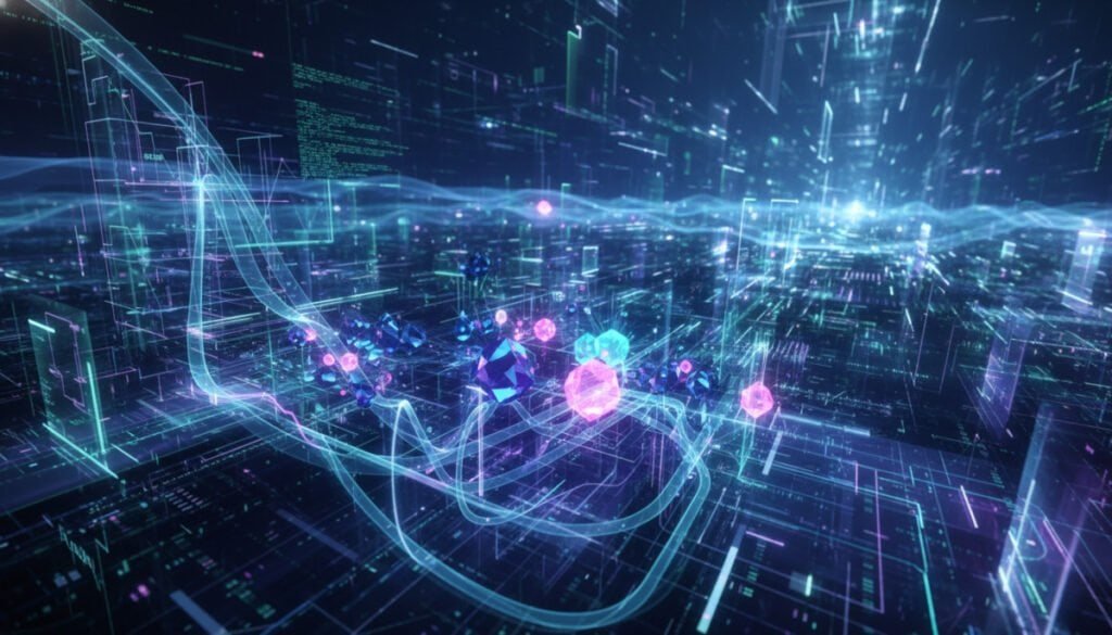 A visually striking representation of high-dimensional Bayesian optimization, featuring a futuristic, abstract landscape filled with multi-dimensional geometric shapes and vibrant data streams. In the foreground, intricate, glowing graphs and charts illustrate optimization pathways, highlighting efficiency in high-dimensional spaces. The middle ground showcases clusters of data points connected by luminous lines, symbolizing relationships in complex datasets. The background features a sprawling digital landscape, with hints of matrix patterns and ethereal lights representing the vastness of high-dimensional space. Use dramatic, cool lighting to evoke a sense of technological advancement and depth, with a slightly blurred focus to enhance an otherworldly atmosphere. The composition should feel dynamic and engaging, emphasizing the intricate nature of optimization strategies. A visually striking representation of high-dimensional Bayesian optimization, featuring a futuristic, abstract landscape filled with multi-dimensional geometric shapes and vibrant data streams. In the foreground, intricate, glowing graphs and charts illustrate optimization pathways, highlighting efficiency in high-dimensional spaces. The middle ground showcases clusters of data points connected by luminous lines, symbolizing relationships in complex datasets. The background features a sprawling digital landscape, with hints of matrix patterns and ethereal lights representing the vastness of high-dimensional space. Use dramatic, cool lighting to evoke a sense of technological advancement and depth, with a slightly blurred focus to enhance an otherworldly atmosphere. The composition should feel dynamic and engaging, emphasizing the intricate nature of optimization strategies.