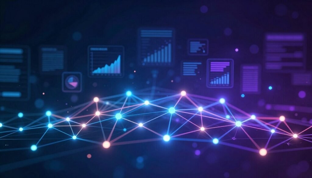 A visually striking representation of machine learning patterns, showcasing an intricate neural network design as the foreground. The network is composed of vibrant, glowing nodes and interconnected lines, symbolizing data flow and decision-making processes. In the middle ground, subtle graphical elements such as data charts and analytics icons emerge, illustrating real-time monitoring and fraud detection algorithms. The background features an abstract digital landscape with a dark blue and purple gradient, evoking a sense of advanced technology and innovation. Soft, focused lighting highlights the neural network while creating a dramatic contrast, emphasizing the complexity and dynamism of machine learning. The overall mood is high-tech and professional, reflecting the importance of machine learning in identifying threats in ecommerce environments. A visually striking representation of machine learning patterns, showcasing an intricate neural network design as the foreground. The network is composed of vibrant, glowing nodes and interconnected lines, symbolizing data flow and decision-making processes. In the middle ground, subtle graphical elements such as data charts and analytics icons emerge, illustrating real-time monitoring and fraud detection algorithms. The background features an abstract digital landscape with a dark blue and purple gradient, evoking a sense of advanced technology and innovation. Soft, focused lighting highlights the neural network while creating a dramatic contrast, emphasizing the complexity and dynamism of machine learning. The overall mood is high-tech and professional, reflecting the importance of machine learning in identifying threats in ecommerce environments.